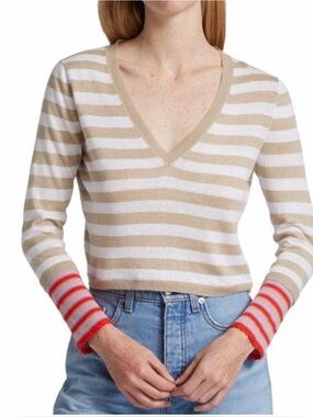 Veronica Beard Beige/White/Multi Florrie Striped V-Neck Sweater size medium